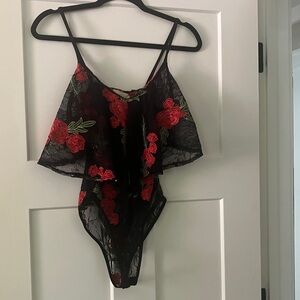 Monaco Black and Red Floral Lace Romper